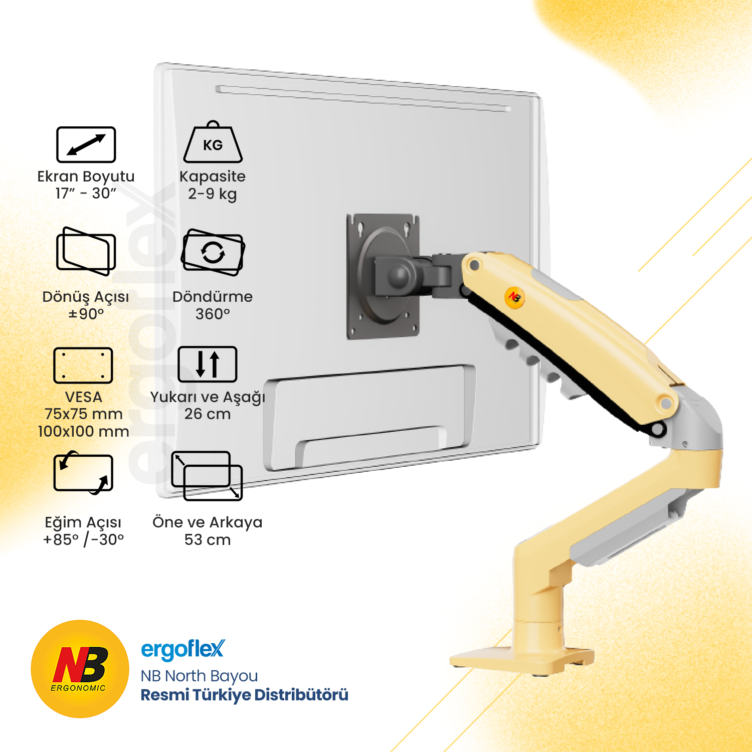 North Bayou Nb F80 Lav Sarısı 17-30 Amortisörlü 2-9 kg Monitör Standı