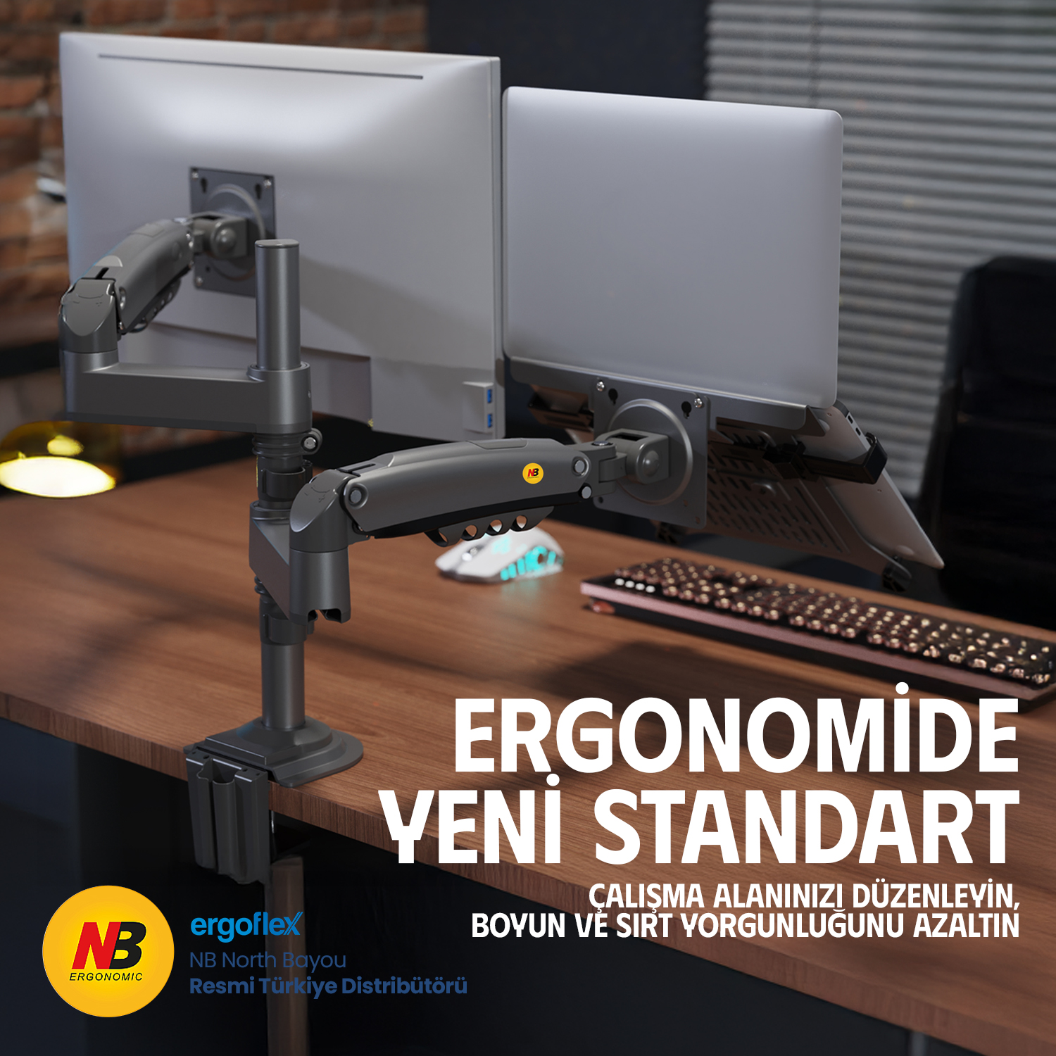 resimler/genel/NB Ergonomic NB H180-FP Amortisörlü 17-27 Monitör Tutucu ve 10-17 Laptop Standı