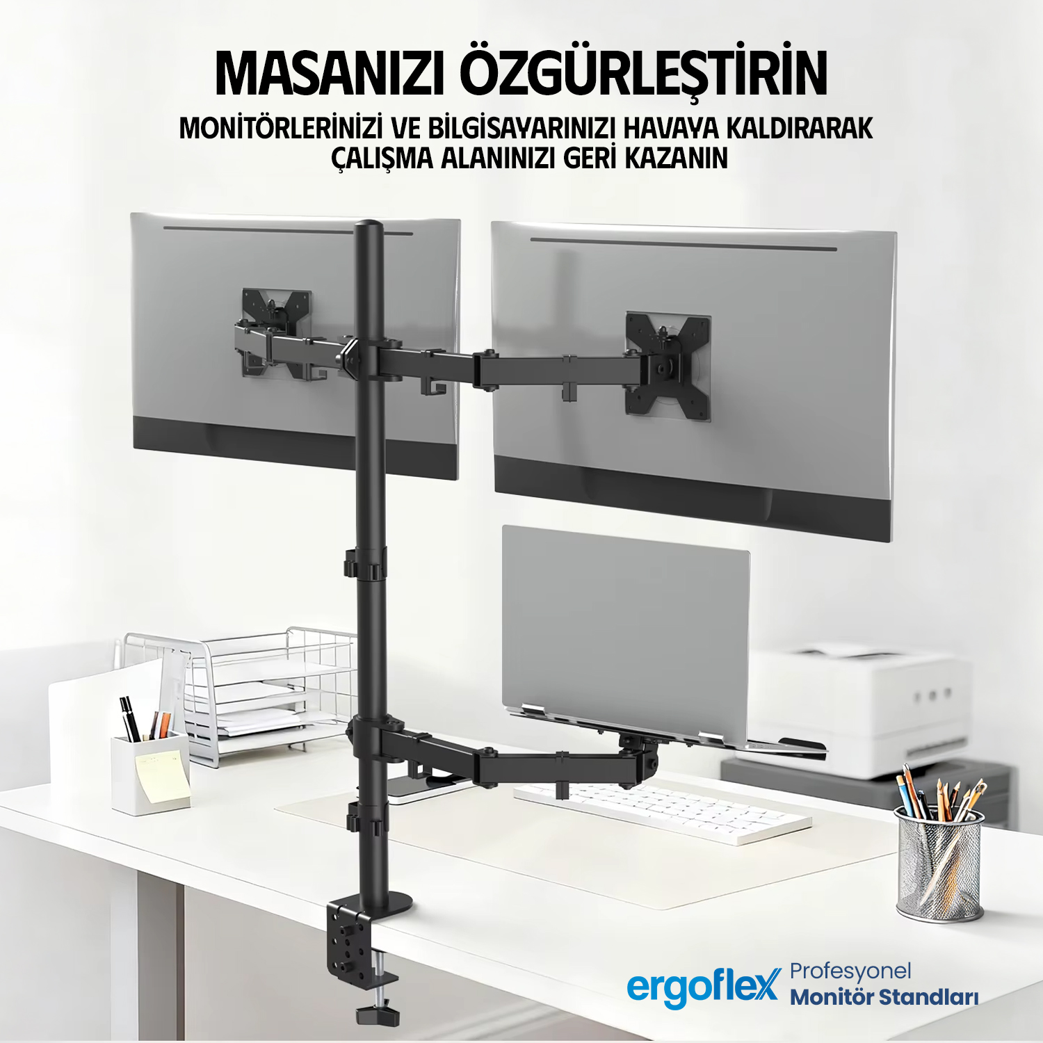 resimler/genel/Ergoflex EF75 Amortisörlü 17-27 Çift Kol Monitör Tutucu ve 10-17 Laptop Standı