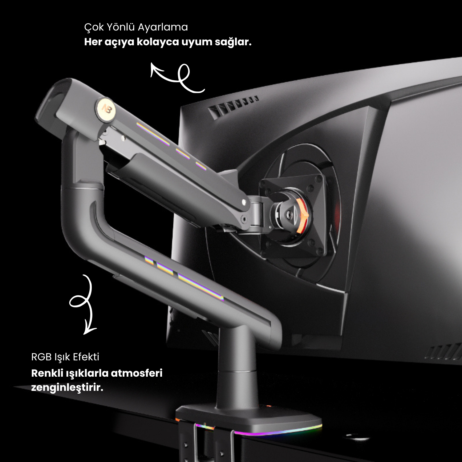 resimler/genel/NB Ergonomic NB F5-Gaming , 32-60inch 2-20 Kg RGB aydınlatma Profesyonel Oyuncu Monitör Standı