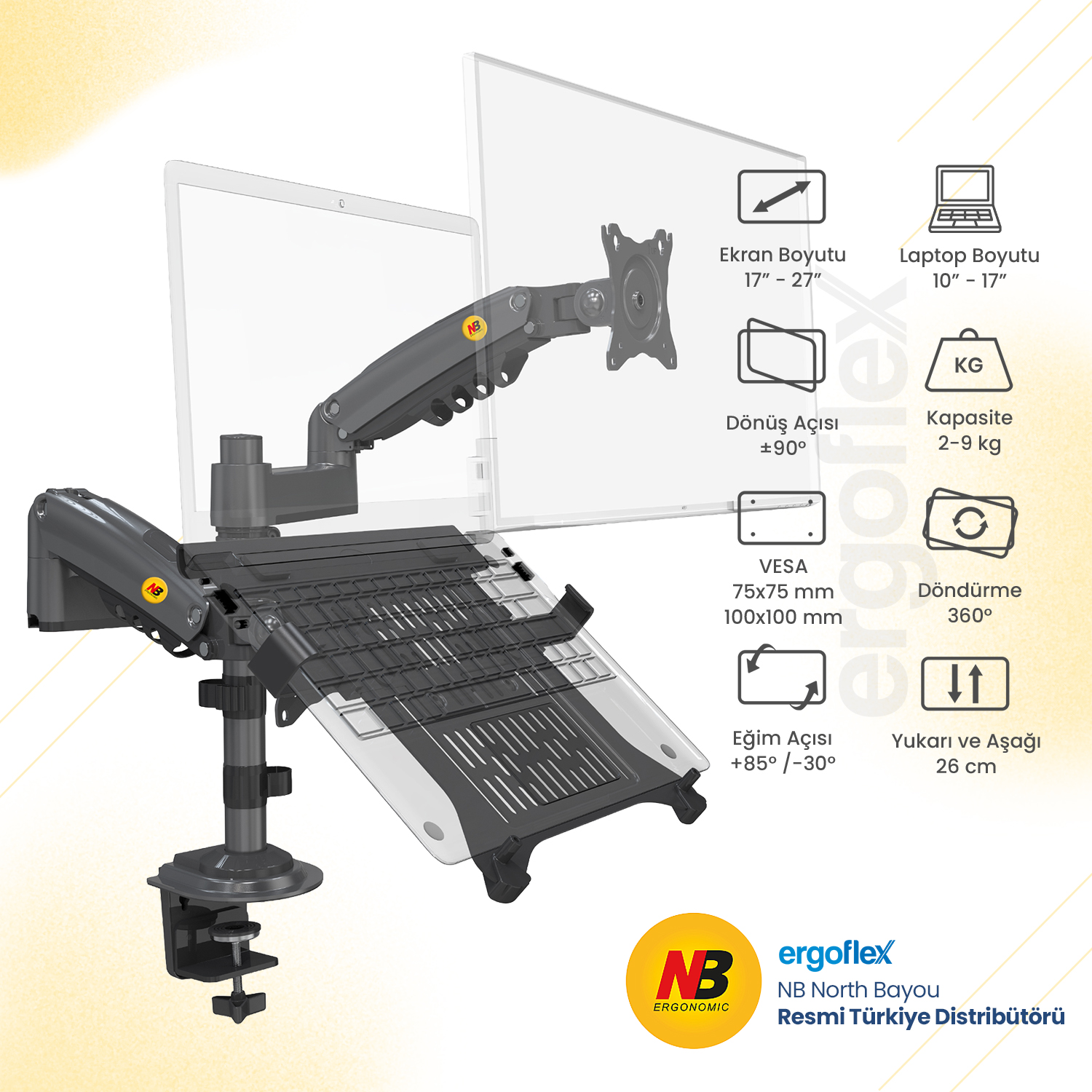 NB Ergonomic NB H180-FP Amortisörlü 17-27 Monitör Tutucu ve 10-17 Laptop Standı
