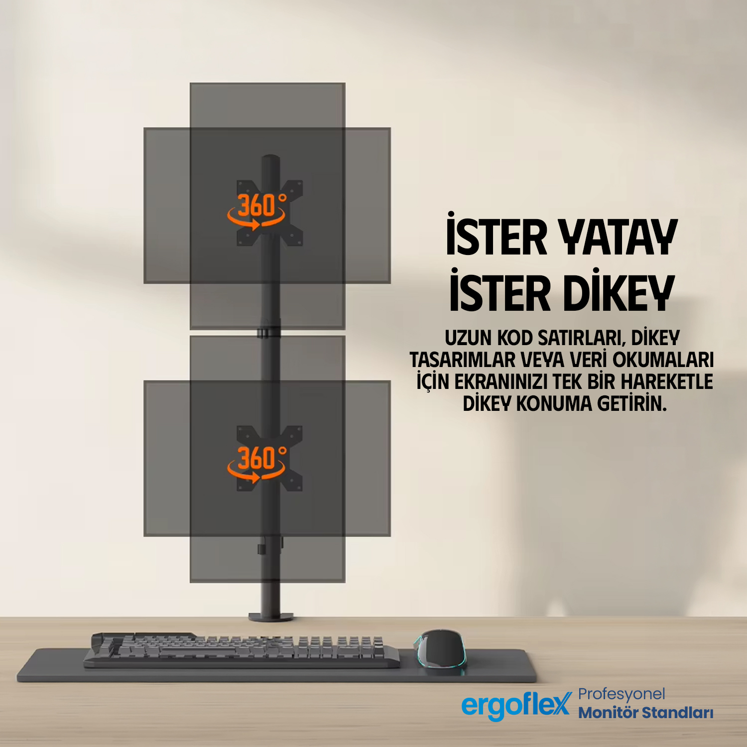 Ergoflex EF63 13-27inch Çift Kol Asansörlü 2-8 kg Monitör Standı