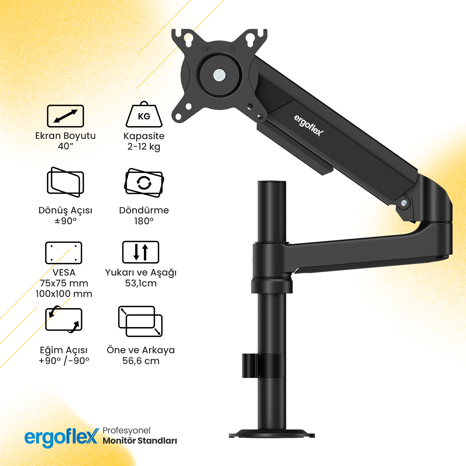 Ergoflex S10 Siyah 22-40inch Amortisörlü 12 kg Monitör Standı 2026 Versiyon