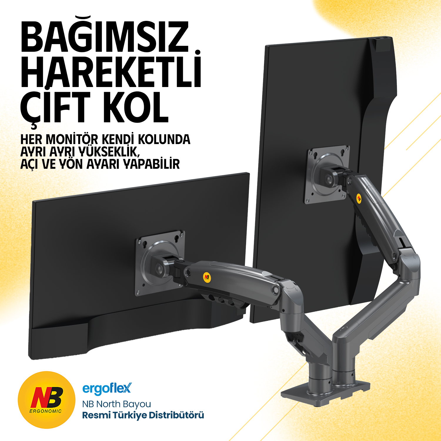 resimler/genel/NB Ergonomic NB F160 17-27 inch Çift Kol 2-9 kg Amortisörlü Monitör Standı 2026 Versiyon