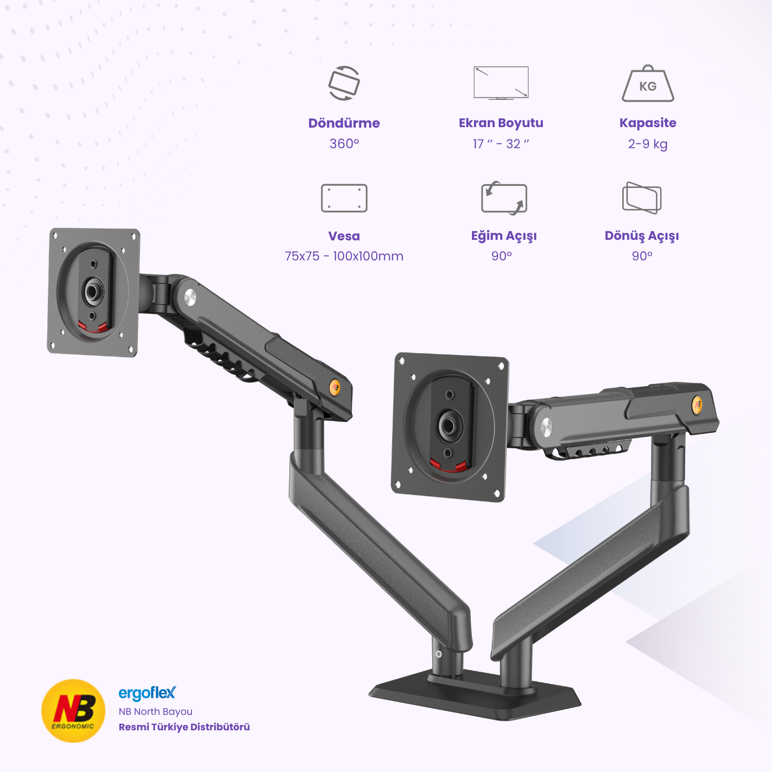 resimler/genel/NB Ergonomic NB A7C 17-32 inch Çift Kol 2-9 kg Mekanik Yaylı Sistem Monitör Standı 2026 Versiyon