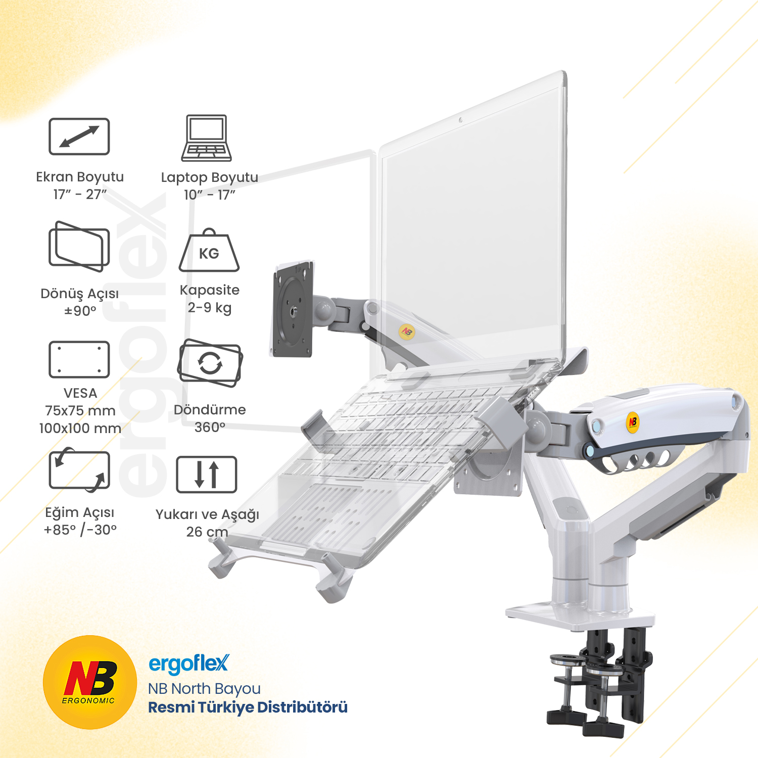 NB Ergonomic NB F160-FP Laptop & Monitör Standı Beyaz