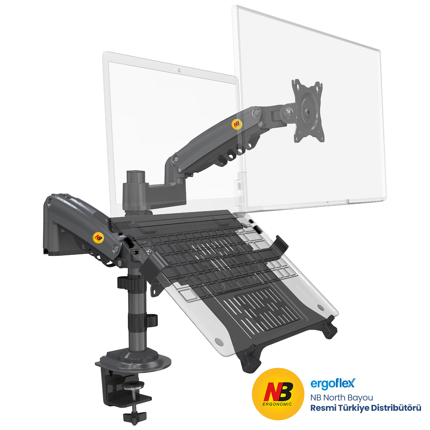 NB Ergonomic NB H180-FP Amortisörlü 17-27 Monitör Tutucu ve 10-17 Laptop Standı