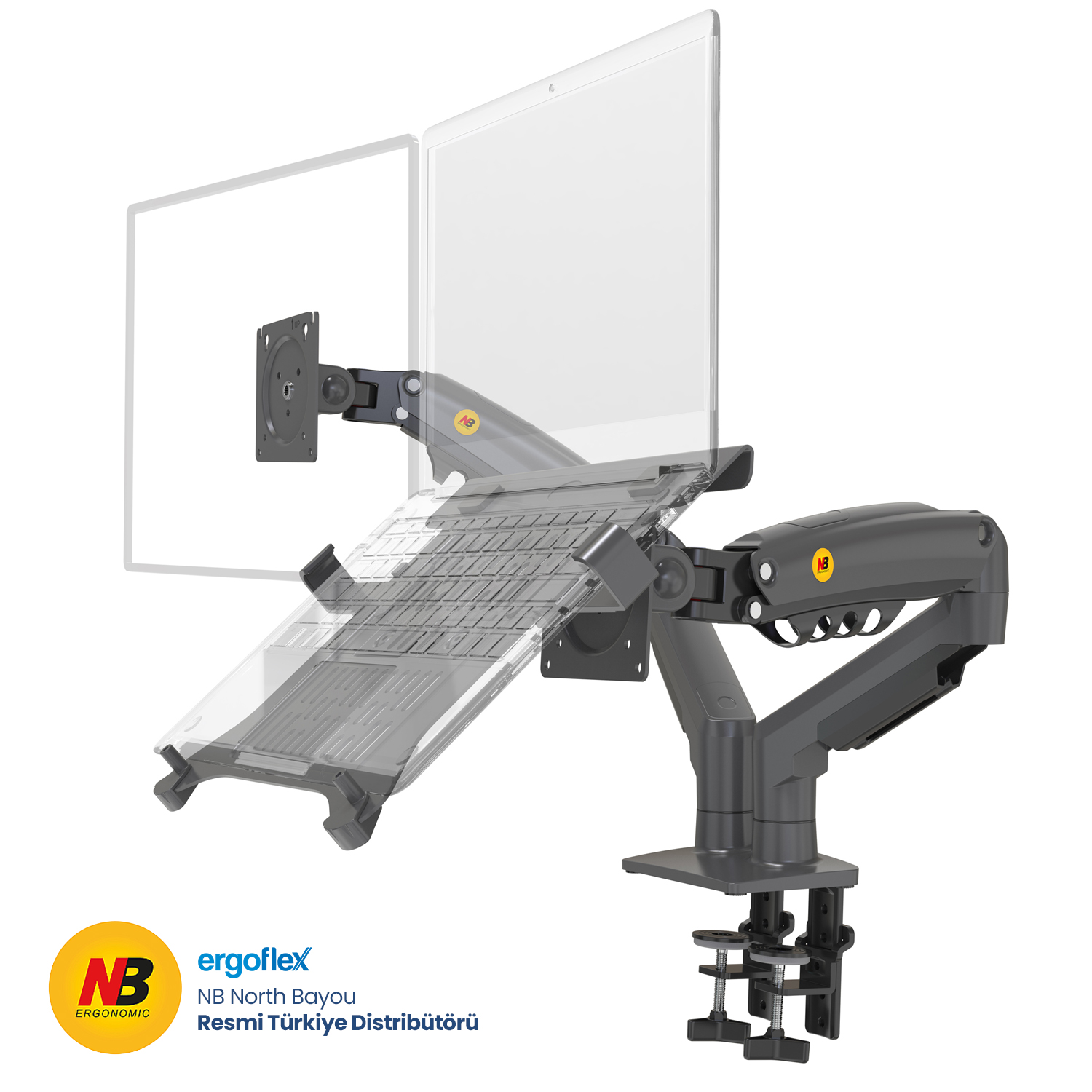 NB Ergonomic NB F160-FP Amortisörlü 17-27 Monitör Tutucu ve 10-17 Laptop Standı Koyu Gri