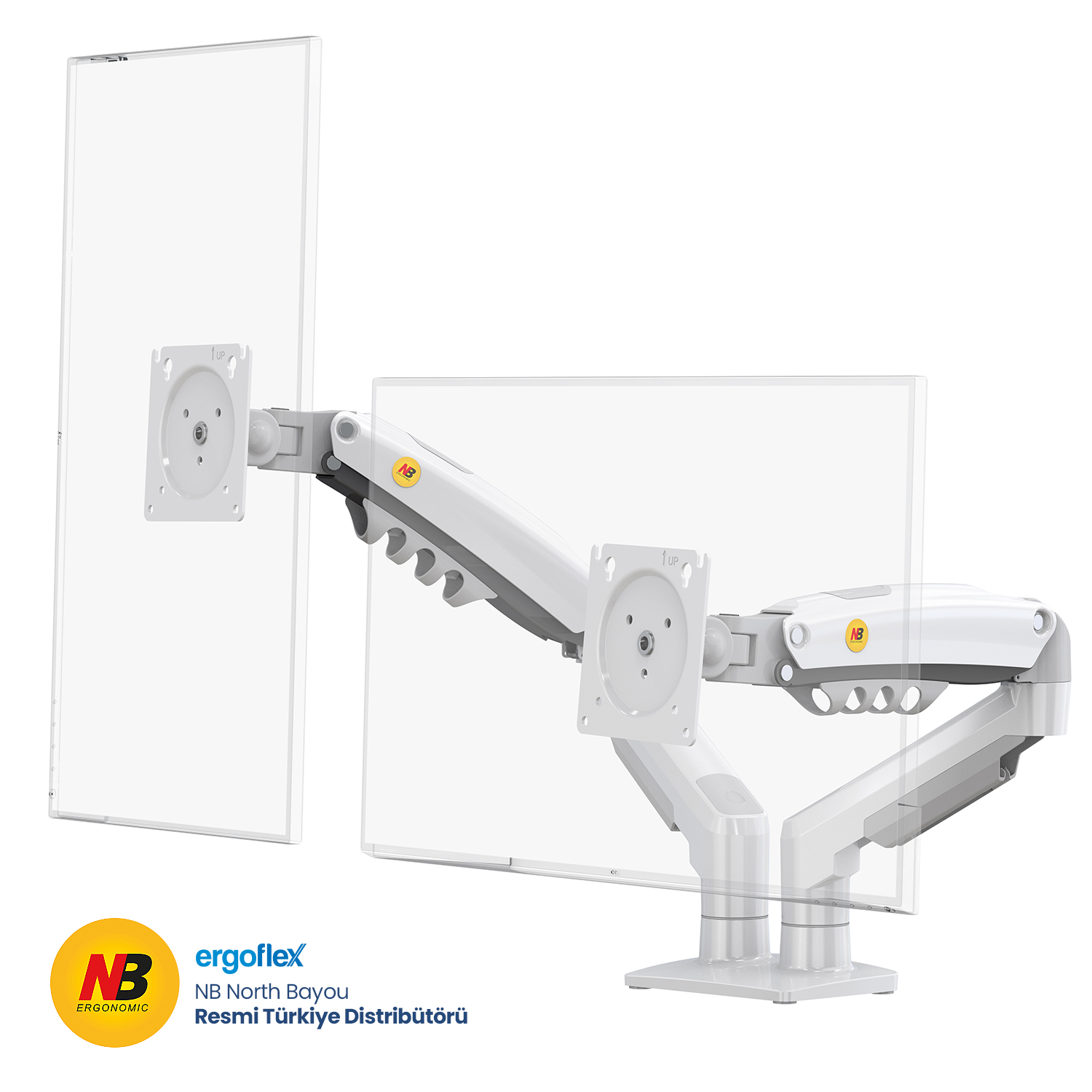NB Ergonomic NB F160 17-27inch Cift Kol 2-9 kg Amortisorlu Monitor Standı Beyaz