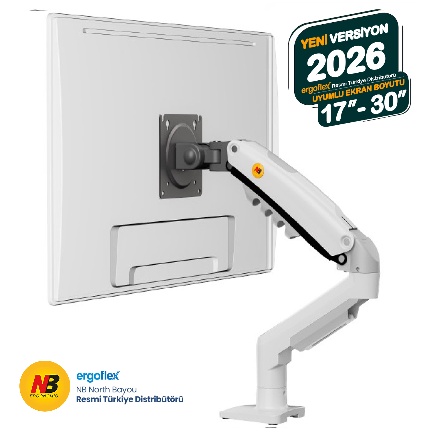 NB Ergonomic NB F80 17-30inch Amortisörlü 2-9 kg Monitör Standı 2026 Versiyon Beyaz
