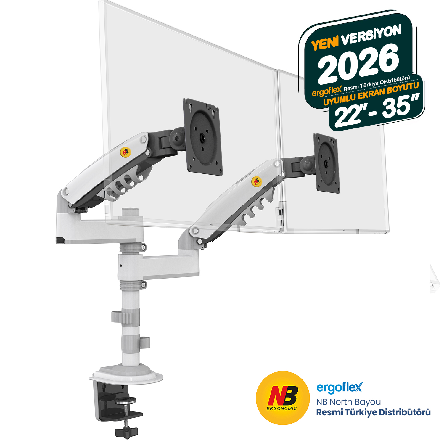 NB Ergonomic NB H180 22-35inch Çift Kol Amortisörlü 2-9 kg Monitör Standı Beyaz