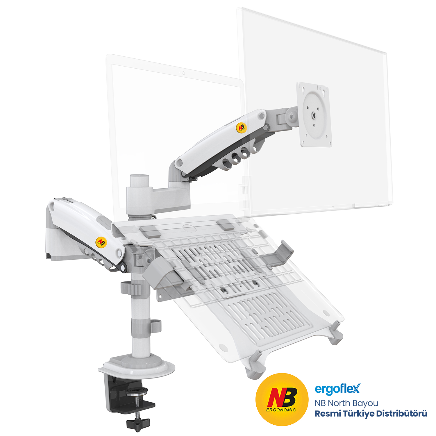 NB Ergonomic NB H180-FP Amortisörlü 17-27 Monitör Tutucu ve 10-17 Laptop Standı Beyaz